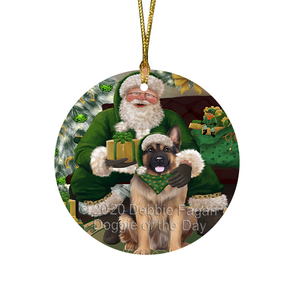 Christmas Irish Santa with Gift and German Shepherd Dog Round Flat Christmas Ornament RFPOR57927