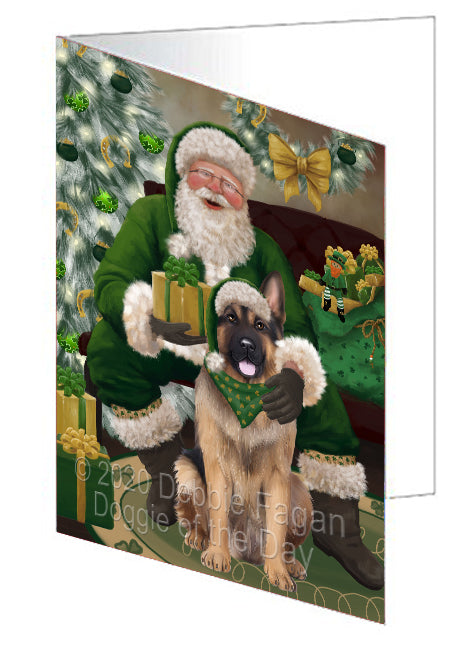 Christmas Irish Santa with Gift and German Shepherd Dog Handmade Artwork Assorted Pets Greeting Cards and Note Cards with Envelopes for All Occasions and Holiday Seasons GCD75851