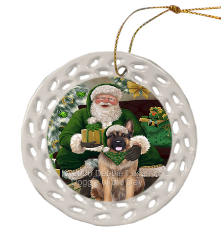 Christmas Irish Santa with Gift and German Shepherd Dog Doily Ornament DPOR59489