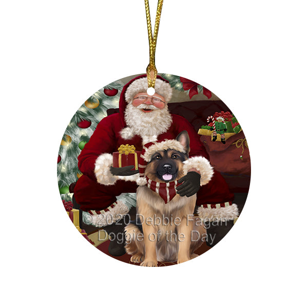 Santa's Christmas Surprise German Shepherd Dog Round Flat Christmas Ornament RFPOR58025