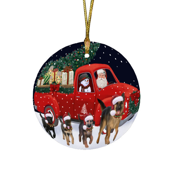 Christmas Express Delivery Red Truck Running German Shepherd Dogs Round Flat Christmas Ornament RFPOR57751