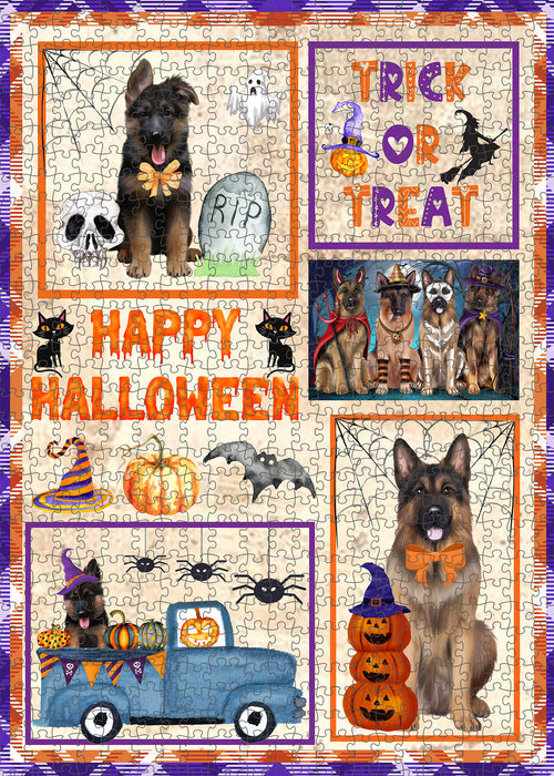 Happy Halloween Trick or Treat German Shepherd Dogs Portrait Jigsaw Puzzle for Adults Animal Interlocking Puzzle Game Unique Gift for Dog Lover's with Metal Tin Box
