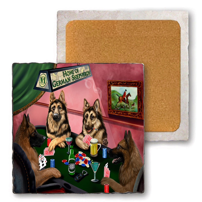 Set of 4 Natural Stone Marble Tile Coasters - Home of German Shepherd 4 Dogs Playing Poker MCST48024