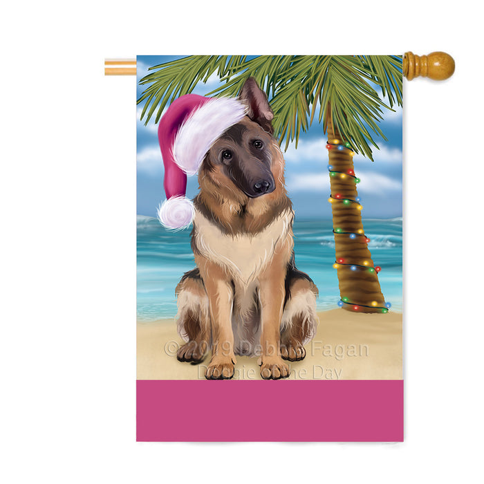 Personalized Summertime Happy Holidays Christmas German Shepherd Dog on Tropical Island Beach Custom House Flag FLG-DOTD-A60535