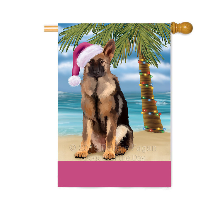 Personalized Summertime Happy Holidays Christmas German Shepherd Dog on Tropical Island Beach Custom House Flag FLG-DOTD-A60536