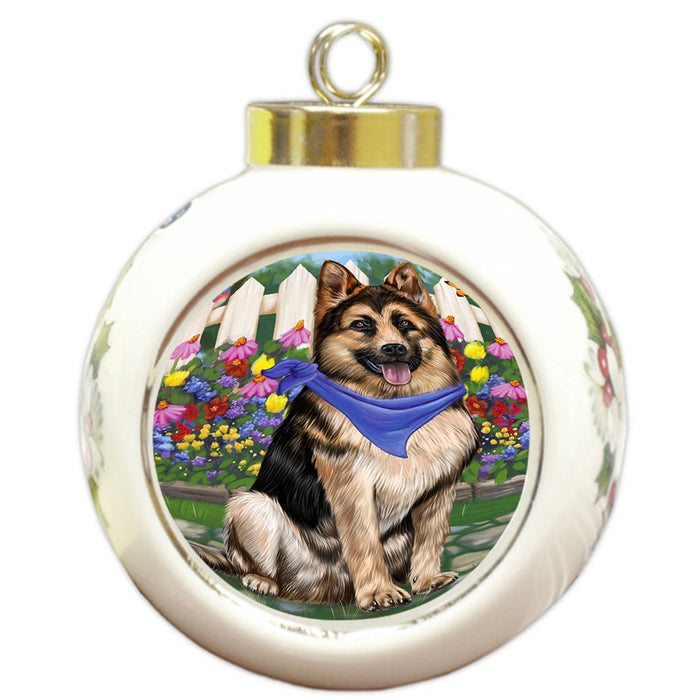 Spring Floral German Shepherd Dog Round Ball Christmas Ornament RBPOR49878