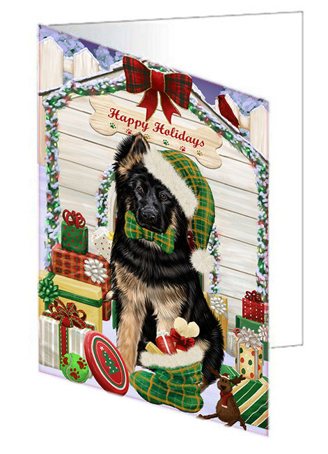 Happy Holidays Christmas German Shepherd Dog House with Presents Handmade Artwork Assorted Pets Greeting Cards and Note Cards with Envelopes for All Occasions and Holiday Seasons GCD58277