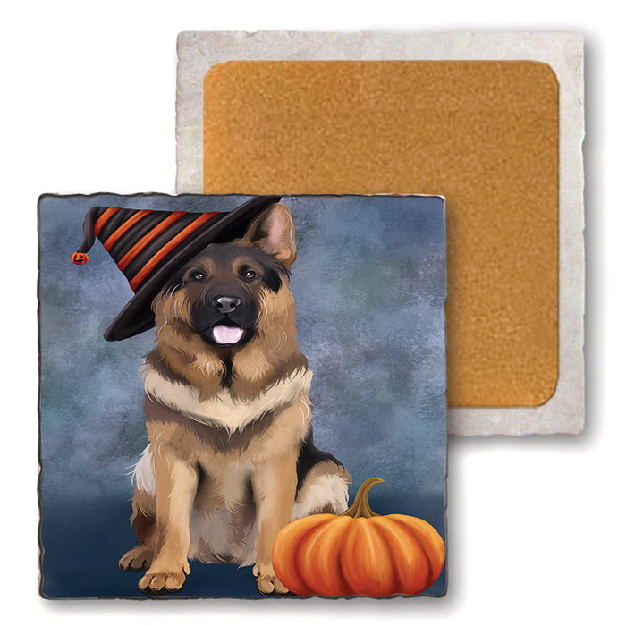 Happy Halloween German Shepherd Dog Wearing Witch Hat with Pumpkin Set of 4 Natural Stone Marble Tile Coasters MCST49952