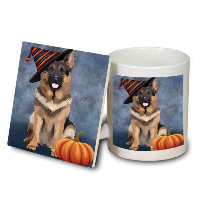 Happy Halloween German Shepherd Dog Wearing Witch Hat with Pumpkin Mug and Coaster Set MUC54944