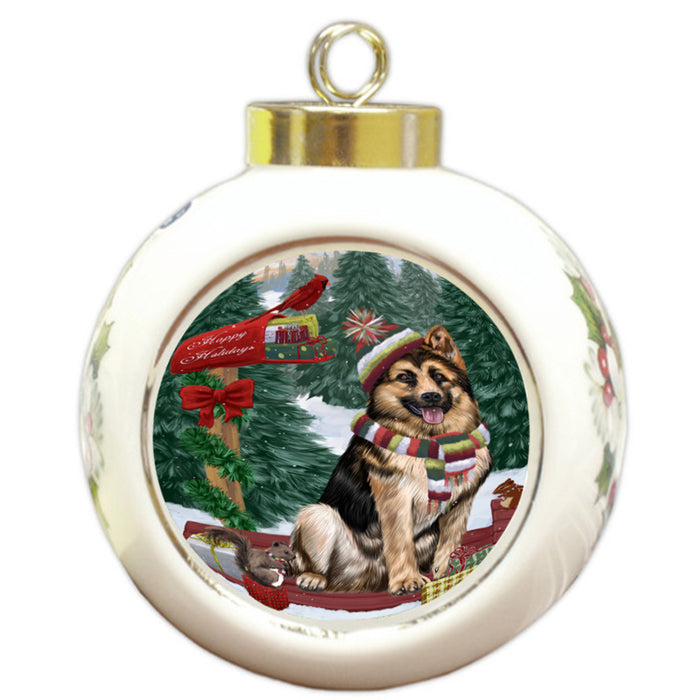 Merry Christmas Woodland Sled German Shepherd Dog Round Ball Christmas Ornament RBPOR55287