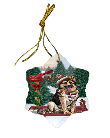 Merry Christmas Woodland Sled German Shepherd Dog Star Porcelain Ornament SPOR55287