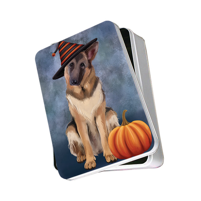 Happy Halloween German Shepherd Dog Wearing Witch Hat with Pumpkin Photo Storage Tin PITN54896