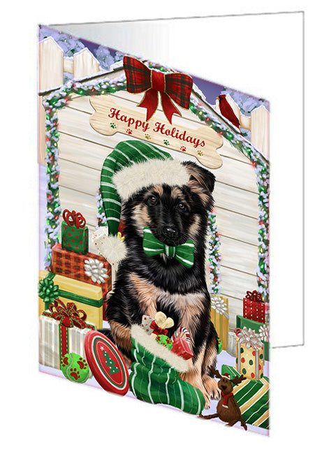 Happy Holidays Christmas German Shepherd Dog House with Presents Handmade Artwork Assorted Pets Greeting Cards and Note Cards with Envelopes for All Occasions and Holiday Seasons GCD58280
