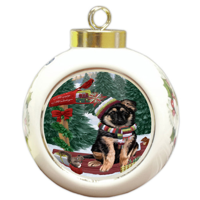 Merry Christmas Woodland Sled German Shepherd Dog Round Ball Christmas Ornament RBPOR55288