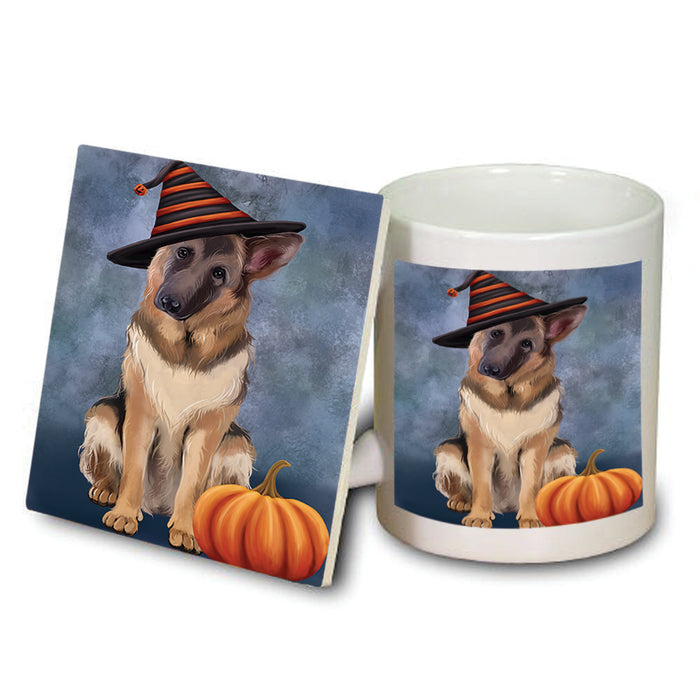 Happy Halloween German Shepherd Dog Wearing Witch Hat with Pumpkin Mug and Coaster Set MUC54945