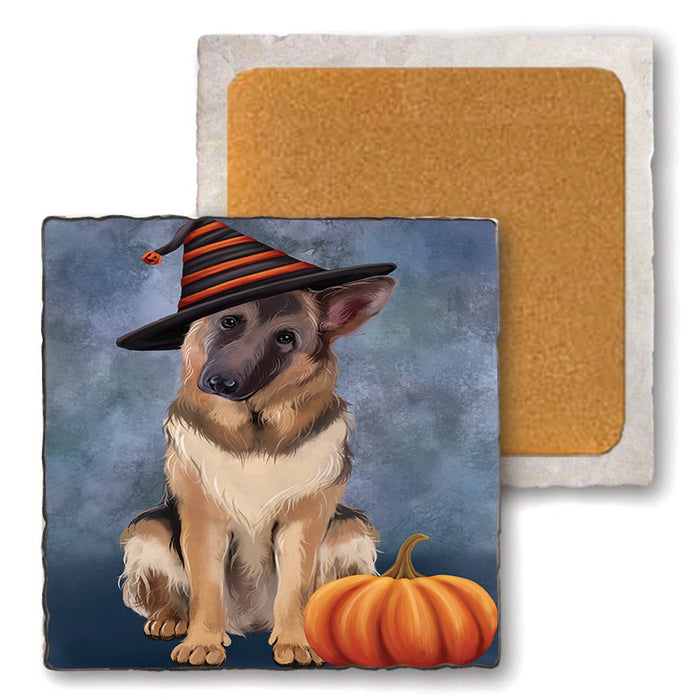 Happy Halloween German Shepherd Dog Wearing Witch Hat with Pumpkin Set of 4 Natural Stone Marble Tile Coasters MCST49953