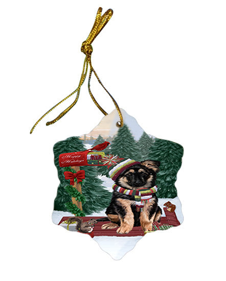 Merry Christmas Woodland Sled German Shepherd Dog Star Porcelain Ornament SPOR55288