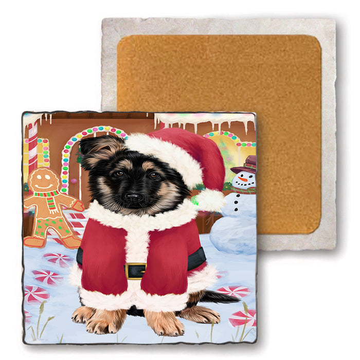 Christmas Gingerbread House Candyfest German Shepherd Dog Set of 4 Natural Stone Marble Tile Coasters MCST51336