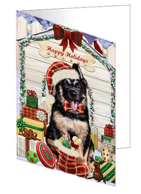 Happy Holidays Christmas German Shepherd Dog House with Presents Handmade Artwork Assorted Pets Greeting Cards and Note Cards with Envelopes for All Occasions and Holiday Seasons GCD58283