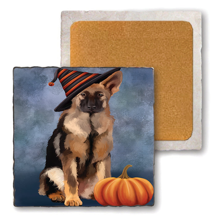 Happy Halloween German Shepherd Dog Wearing Witch Hat with Pumpkin Set of 4 Natural Stone Marble Tile Coasters MCST49954