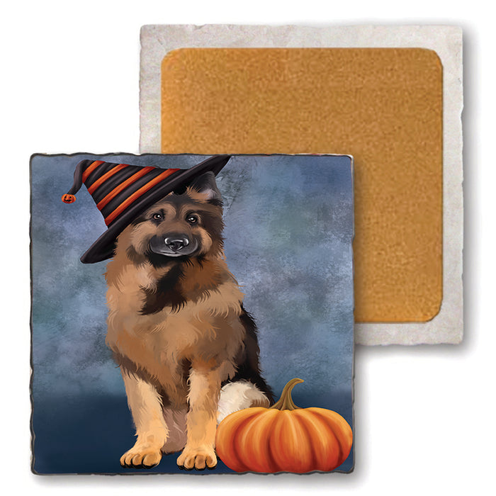 Happy Halloween German Shepherd Dog Wearing Witch Hat with Pumpkin Set of 4 Natural Stone Marble Tile Coasters MCST49955