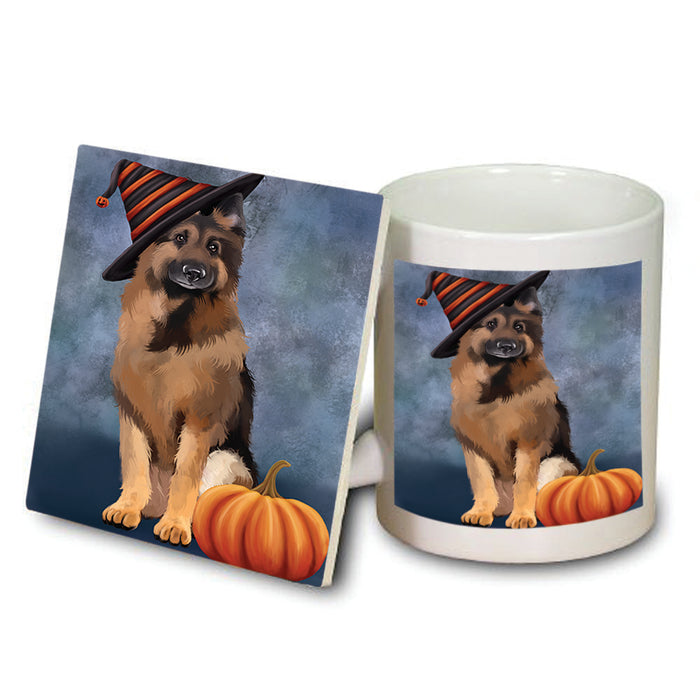 Happy Halloween German Shepherd Dog Wearing Witch Hat with Pumpkin Mug and Coaster Set MUC54947