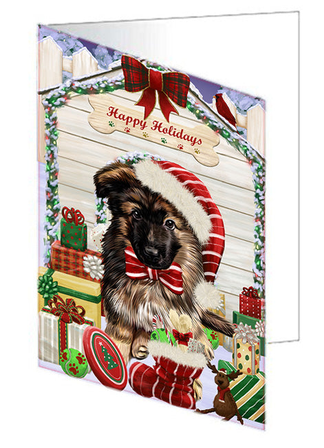 Happy Holidays Christmas German Shepherd Dog House with Presents Handmade Artwork Assorted Pets Greeting Cards and Note Cards with Envelopes for All Occasions and Holiday Seasons GCD58286