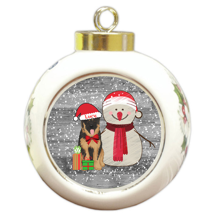 Custom Personalized Snowy Snowman and German Shepherd Dog Christmas Round Ball Ornament