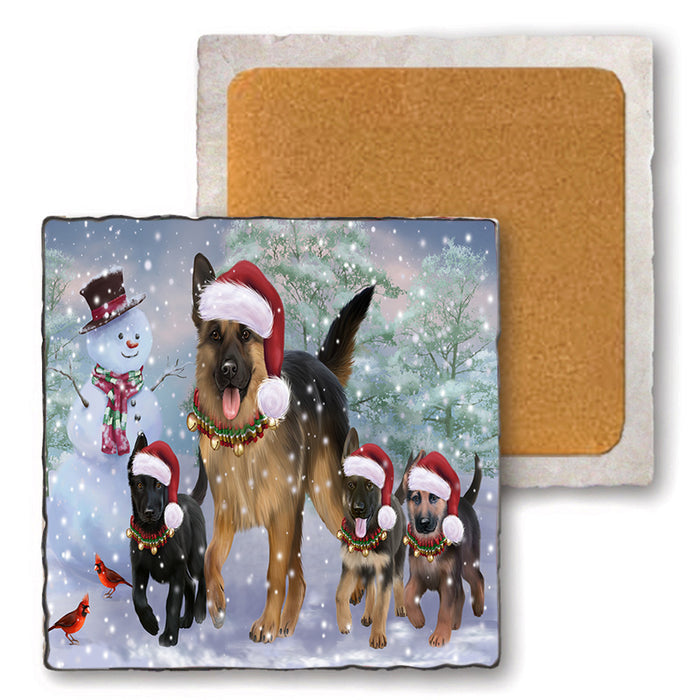 Christmas Running Family Dogs German Shepherds Dog Set of 4 Natural Stone Marble Tile Coasters MCST49222