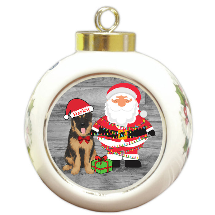 Custom Personalized German Shepherd Dog With Santa Wrapped in Light Christmas Round Ball Ornament