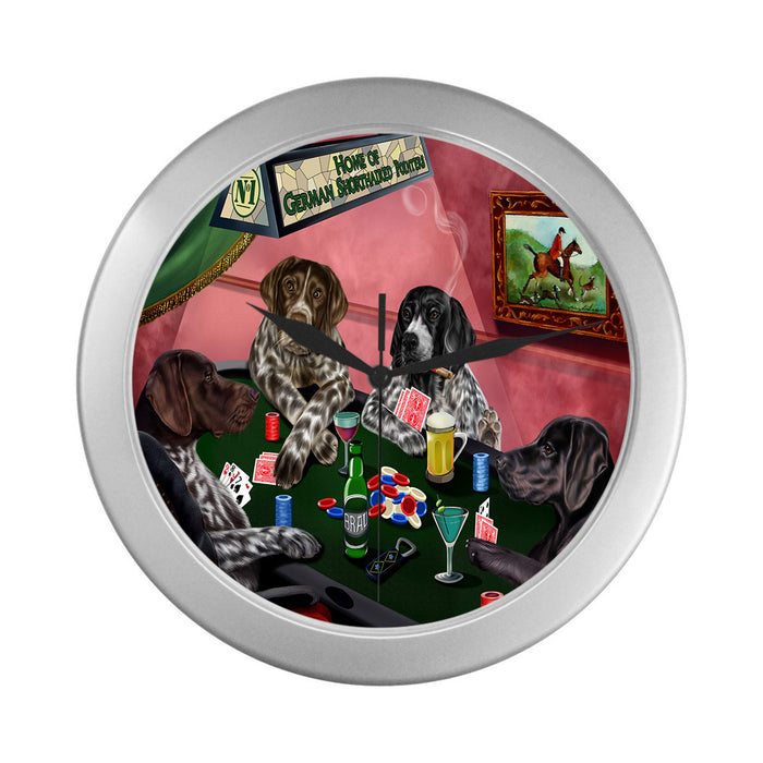 Home of German Shorthaired Pointer Dogs Playing Poker Silver Wall Clocks