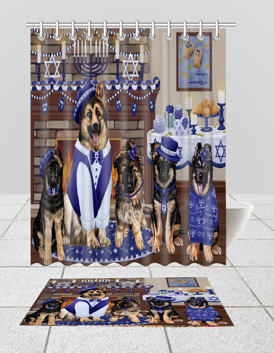 Happy Hanukkah Family German Shepherd Dogs Bath Mat and Shower Curtain Combo