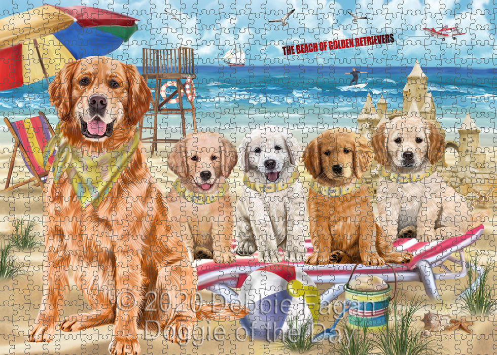 Pet Friendly Beach Golden Retriever Dogs Portrait Jigsaw Puzzle for Adults Animal Interlocking Puzzle Game Unique Gift for Dog Lover's with Metal Tin Box