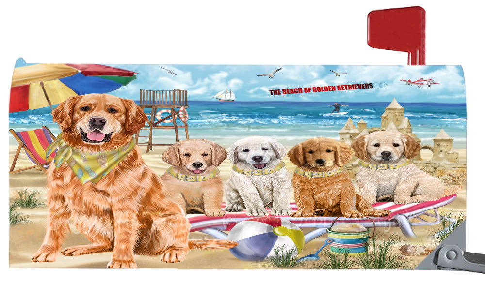 Pet Friendly Beach Golden Retriever Dogs Magnetic Mailbox Cover Both Sides Pet Theme Printed Decorative Letter Box Wrap Case Postbox Thick Magnetic Vinyl Material