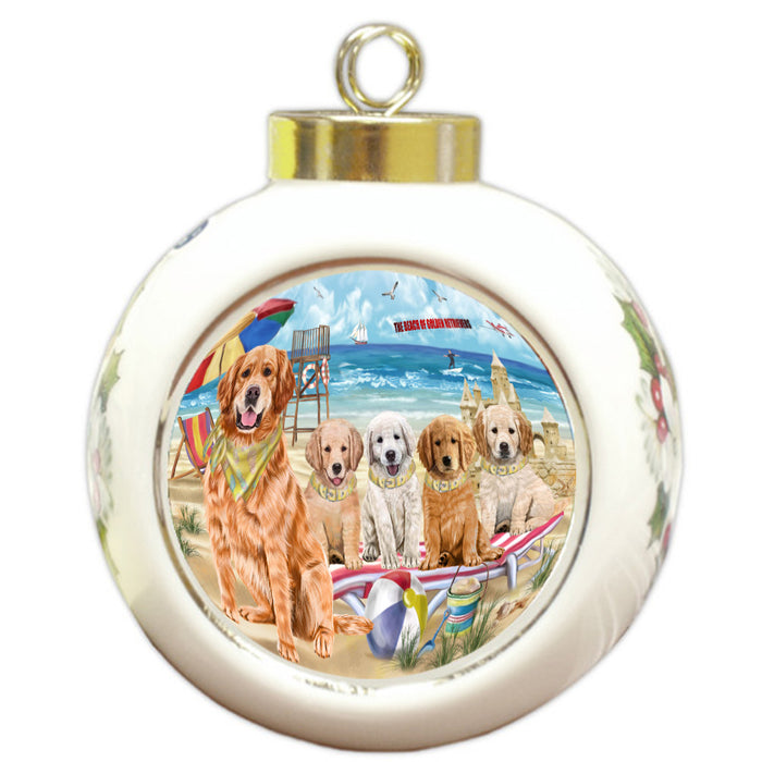 Pet Friendly Beach Golden Retriever Dogs Round Ball Christmas Ornament Pet Decorative Hanging Ornaments for Christmas X-mas Tree Decorations - 3" Round Ceramic Ornament
