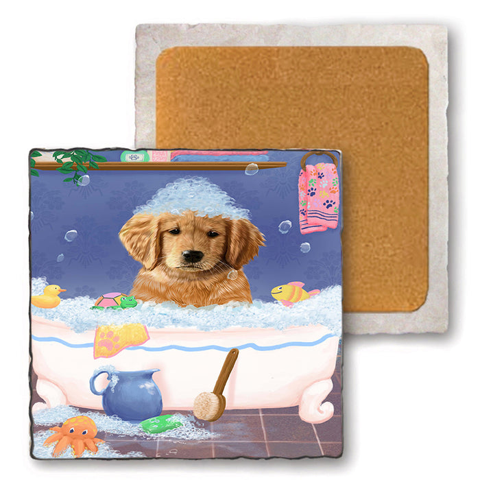 Rub A Dub Dog In A Tub Golden Retriever Dog Set of 4 Natural Stone Marble Tile Coasters MCST52370