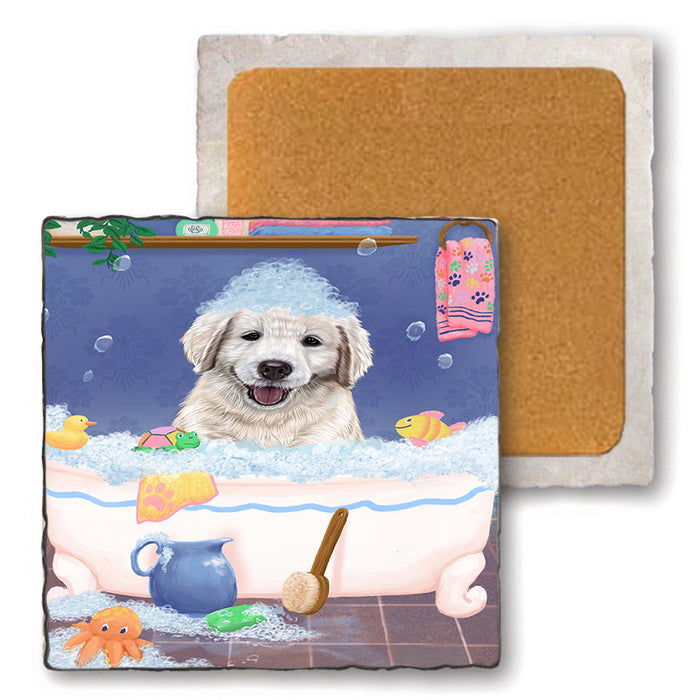 Rub A Dub Dog In A Tub Golden Retriever Dog Set of 4 Natural Stone Marble Tile Coasters MCST52371