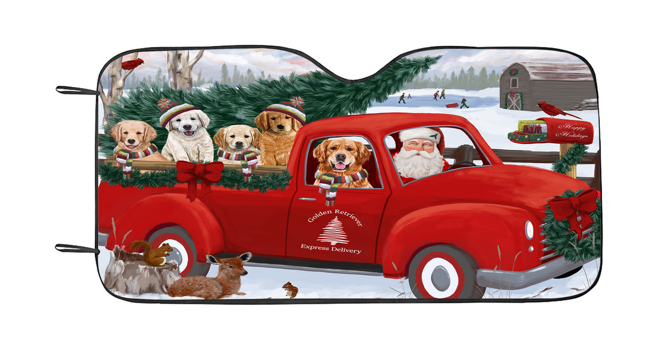 Christmas Santa Express Delivery Red Truck Golden Retriever Dogs Car Sun Shade