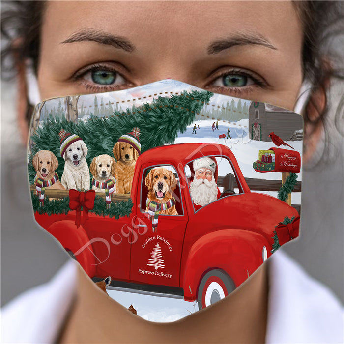 Christmas Santa Express Delivery Red Truck Golden Retriever Dogs Face Mask FM48442