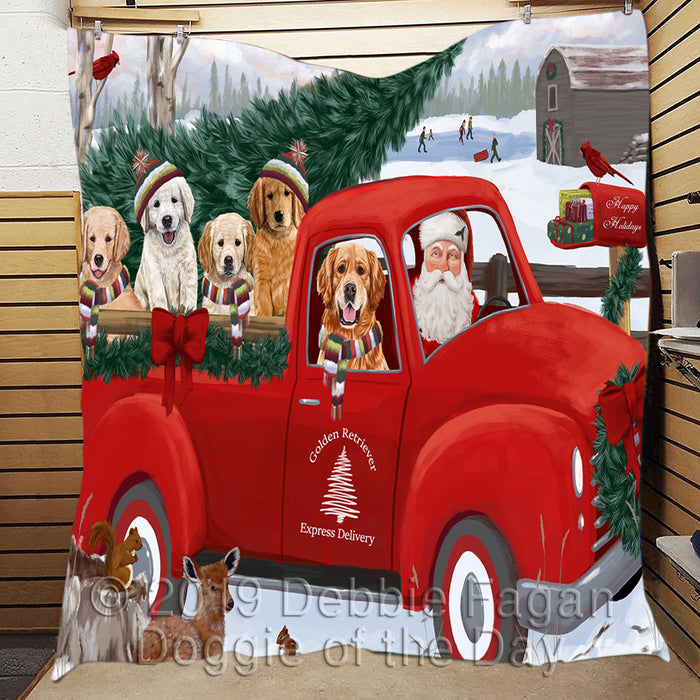 Christmas Santa Express Delivery Red Truck Golden Retriever Dogs Quilt