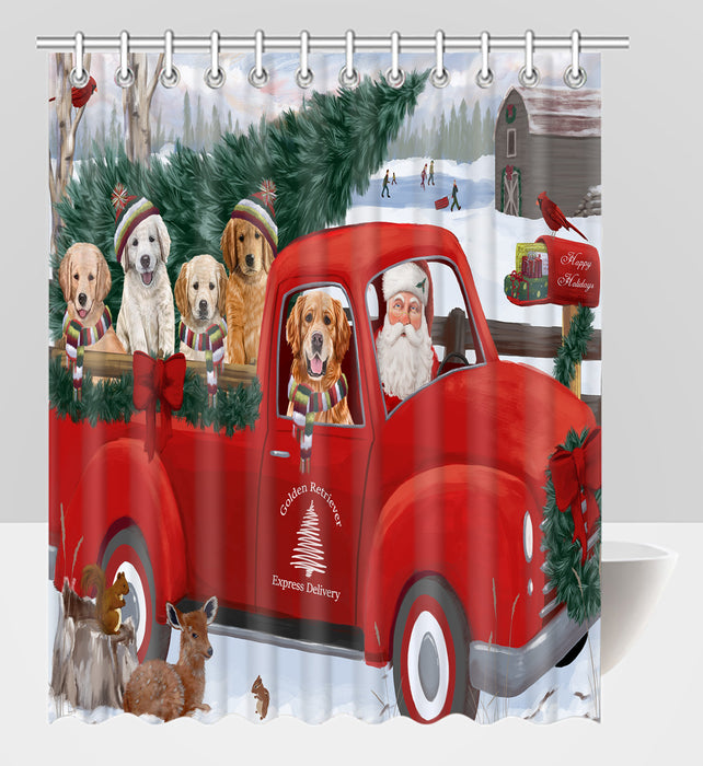 Christmas Santa Express Delivery Red Truck Golden Retriever Dogs Shower Curtain