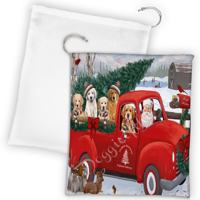Christmas Santa Express Delivery Red Truck Golden Retriever Dogs Drawstring Laundry or Gift Bag LGB48309