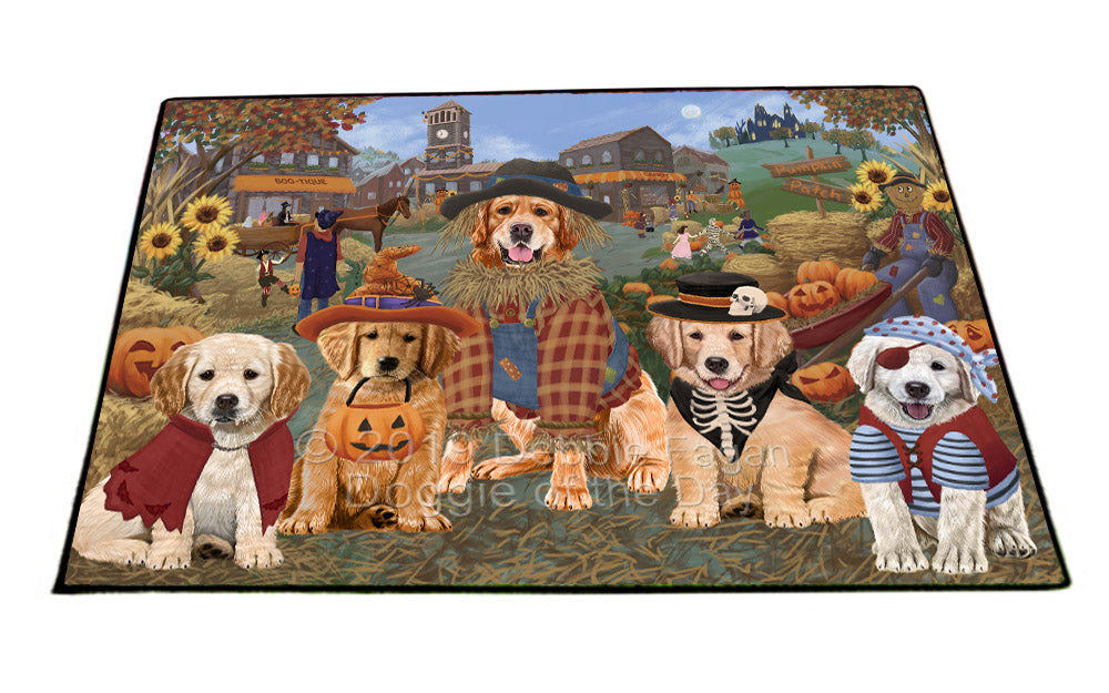 Halloween 'Round Town And Fall Pumpkin Scarecrow Both Golden Retriever Dogs Floormat FLMS53939