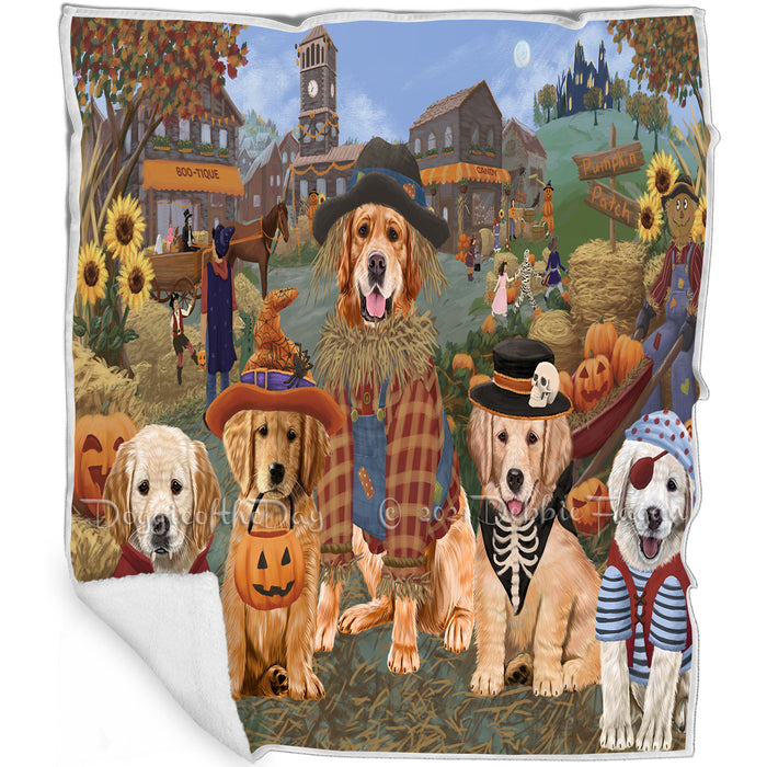 Halloween 'Round Town And Fall Pumpkin Scarecrow Both Golden Retriever Dogs Blanket BLNKT138944