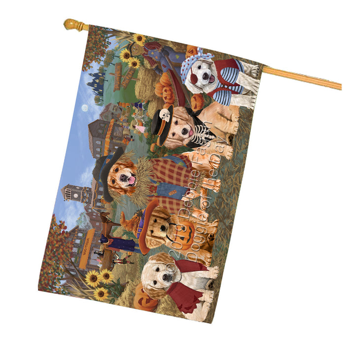 Halloween 'Round Town And Fall Pumpkin Scarecrow Both Golden Retriever Dogs House Flag FLG65654