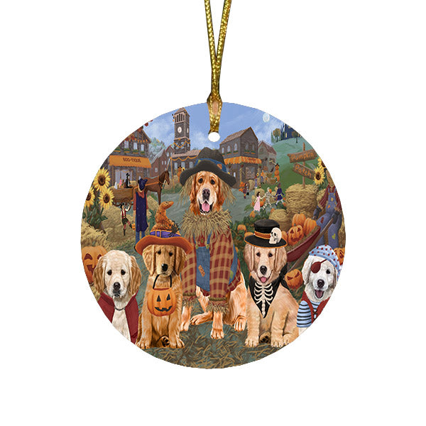 Halloween 'Round Town And Fall Pumpkin Scarecrow Both Golden Retriever Dogs Round Flat Christmas Ornament RFPOR57402