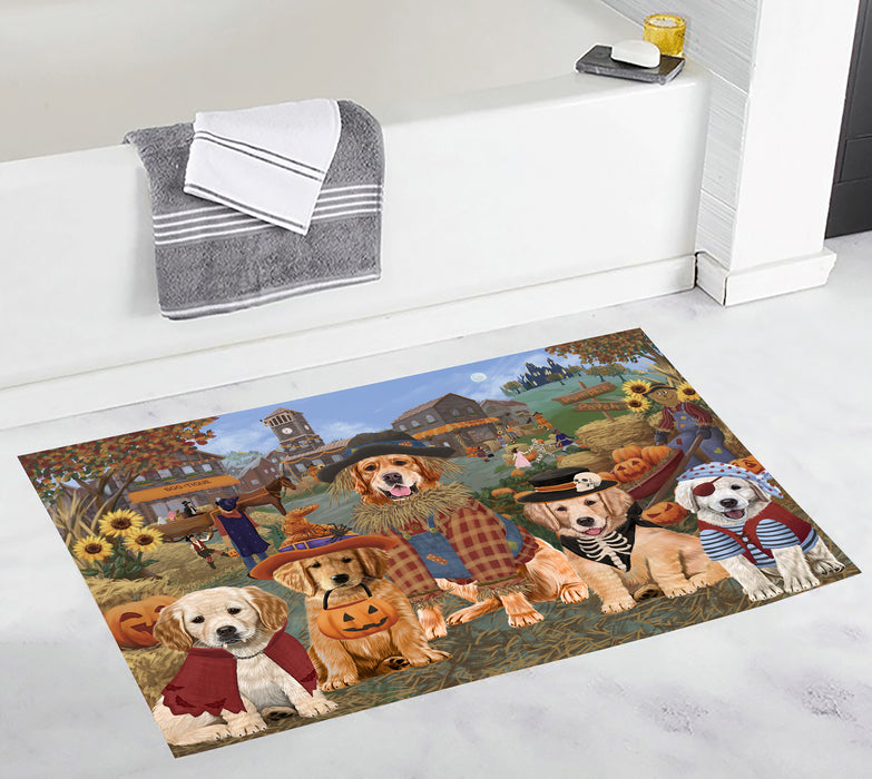 Halloween 'Round Town and Fall Pumpkin Scarecrow Both Golden Retriever Dogs Bath Mat