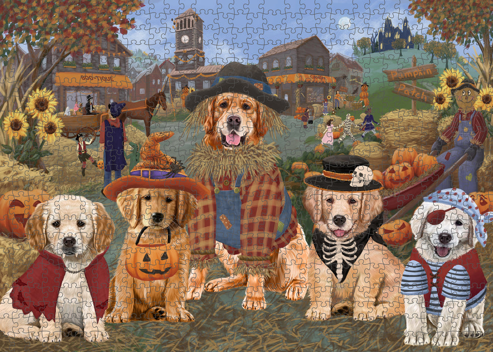 Halloween 'Round Town And Fall Pumpkin Scarecrow Both Golden Retriever Dogs Puzzle with Photo Tin PUZL96300