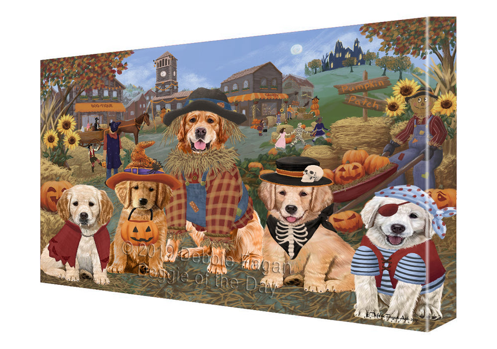 Halloween 'Round Town And Fall Pumpkin Scarecrow Both Golden Retriever Dogs Canvas Print Wall Art Décor CVS139571