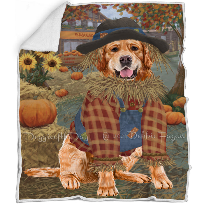 Halloween 'Round Town And Fall Pumpkin Scarecrow Both Golden Retriever Dogs Blanket BLNKT139493